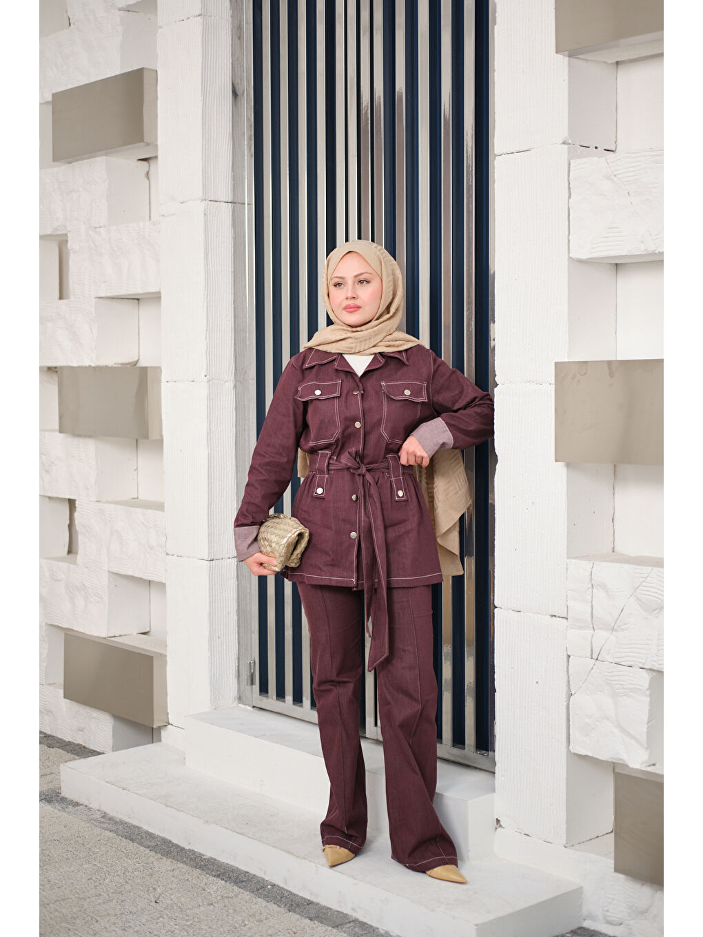 Kadın Çıt Çıt Detaylı Dikiş Detay Bel Bağlamalı Takım Bordo-4