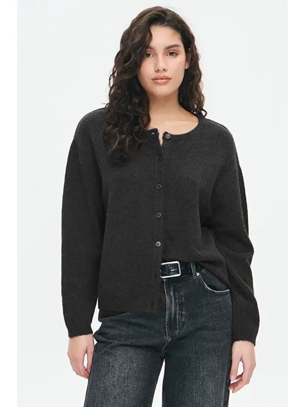Antrasit Rahat Kalıp Düğmeli Triko Kadın Hırka Mg2552-5