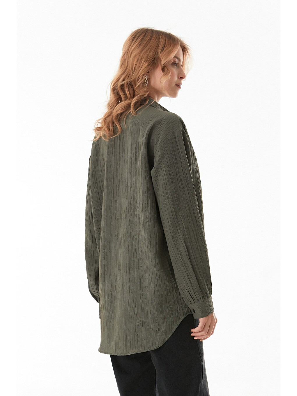 Haki Basic Krep Kumaş Tek Cepli Oversize Gömlek-4