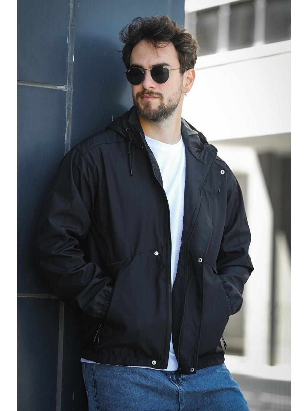 Siyah Barky Suya Dayanaklı Fermuar Detaylı Astarlı Erkek Kapüşonlu Mevsimlik Mont Yağmurluk-1