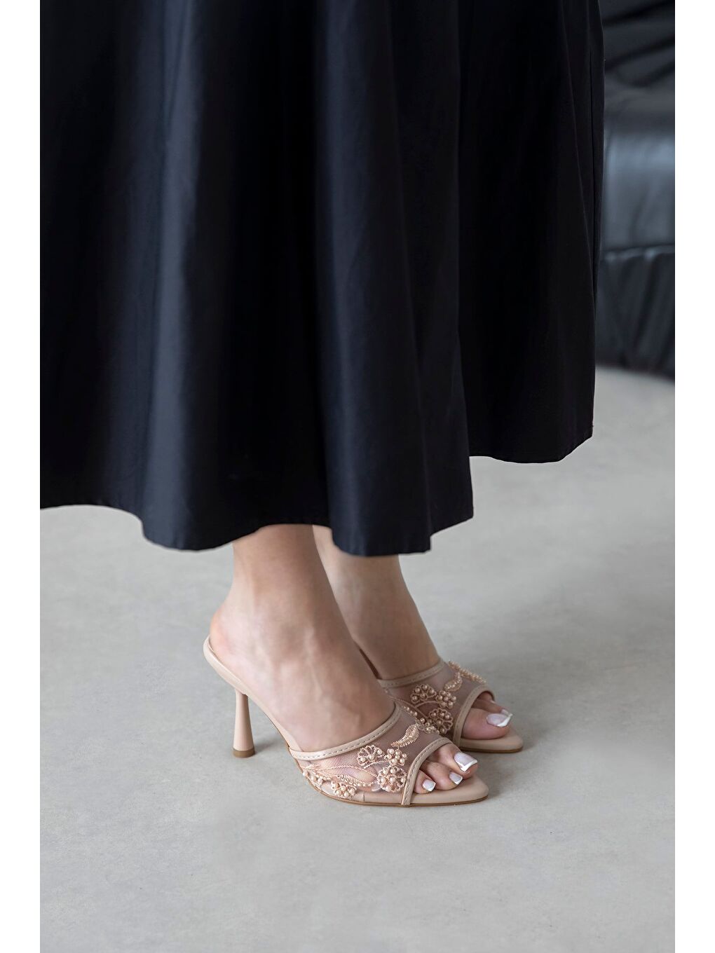 Bej Karis Kadın File Detay Topuklu Terlik Ten-1