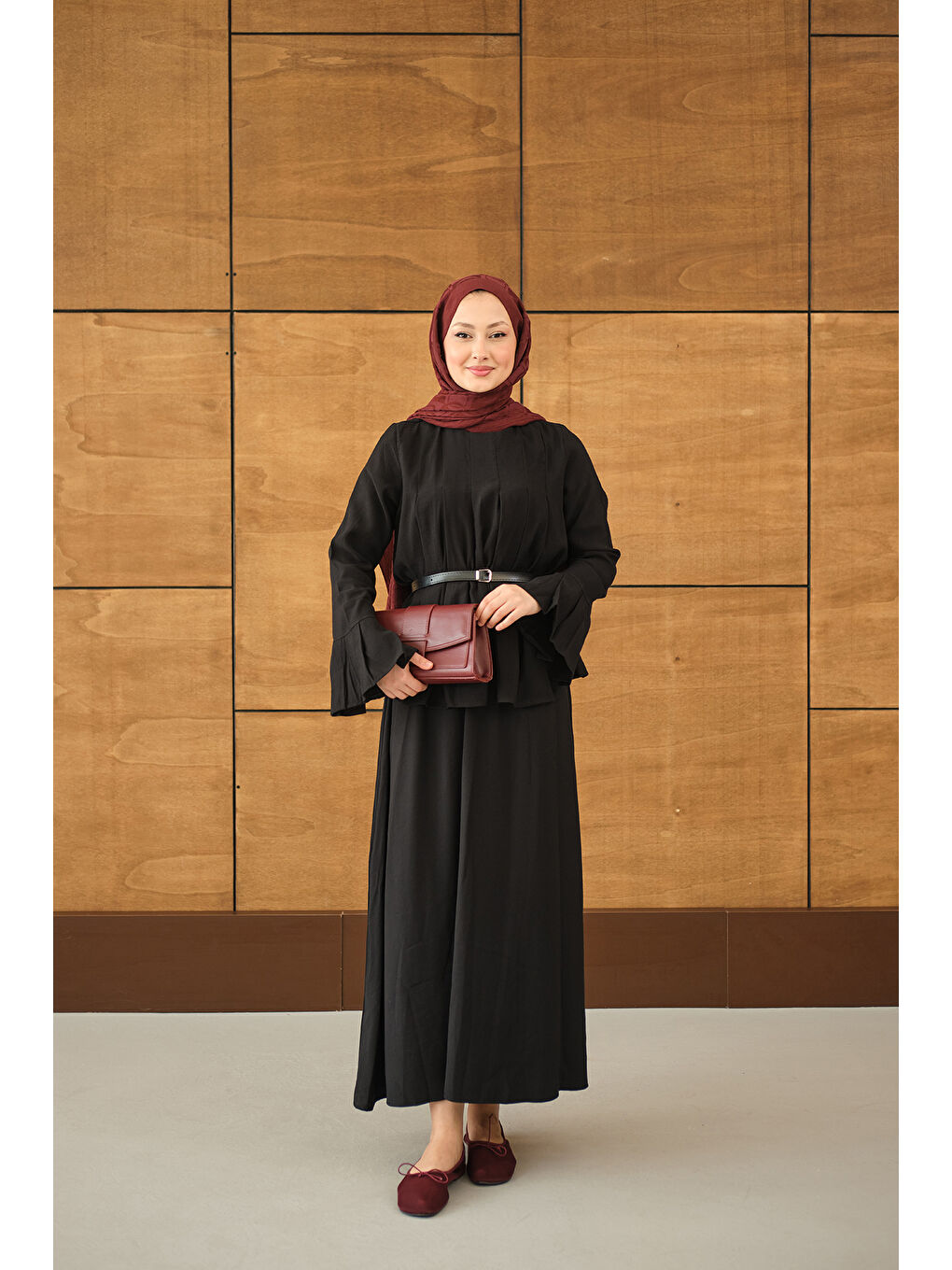 Kadın Pileli Kemer Bağlamalı Etekli Takım Siyah-2