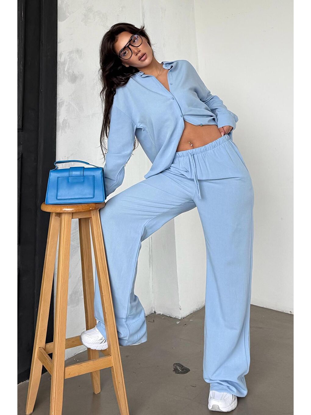 Bebe Mavisi Keten Kadın Gömlek Pantolon İkili Takım Mg2356-5