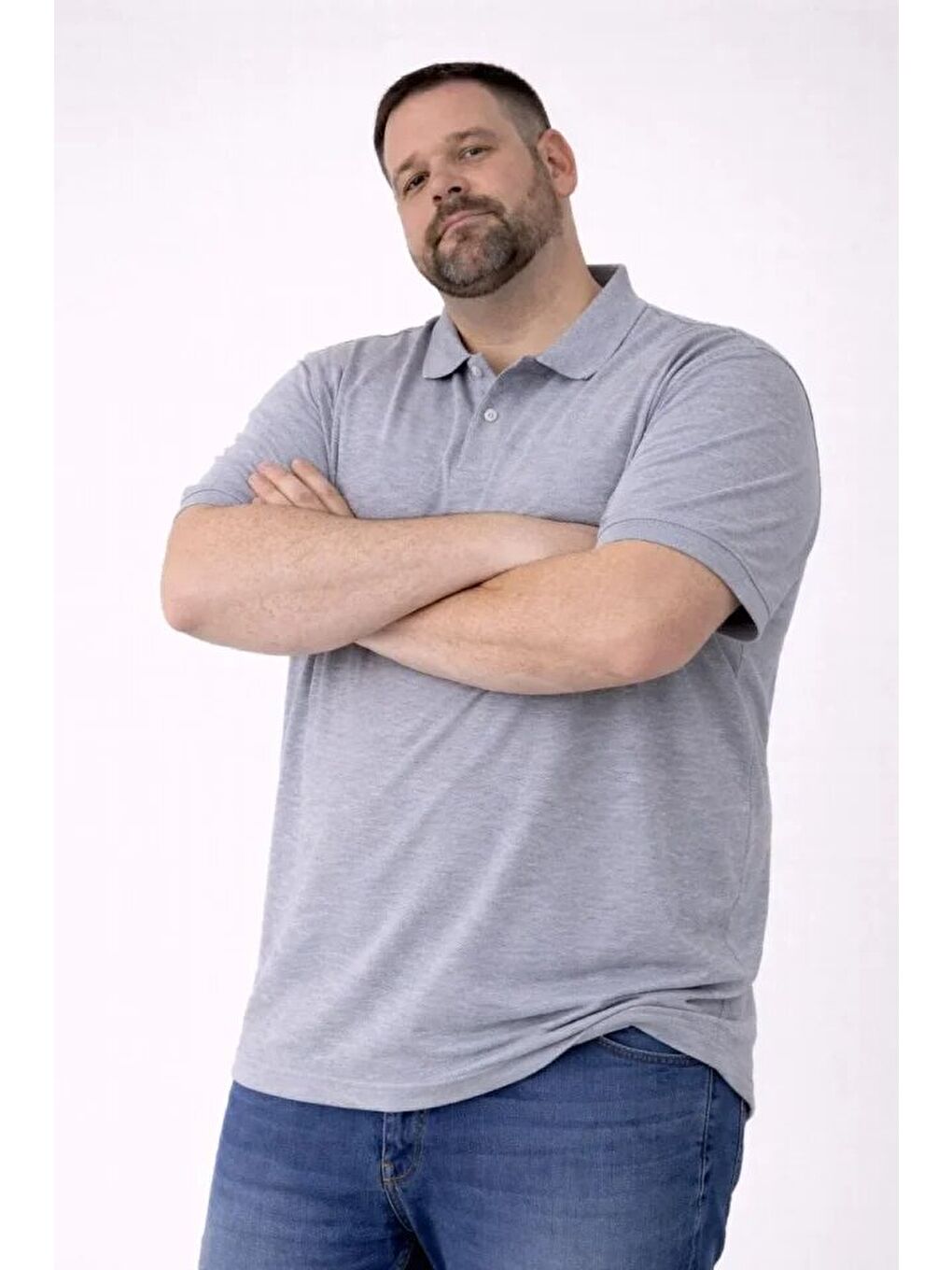 Erkek Pike Kumaş Düğmeli Yaka Battal Büyük Beden Günlük Kısa Kol Tişört T-shirt - Gri-2