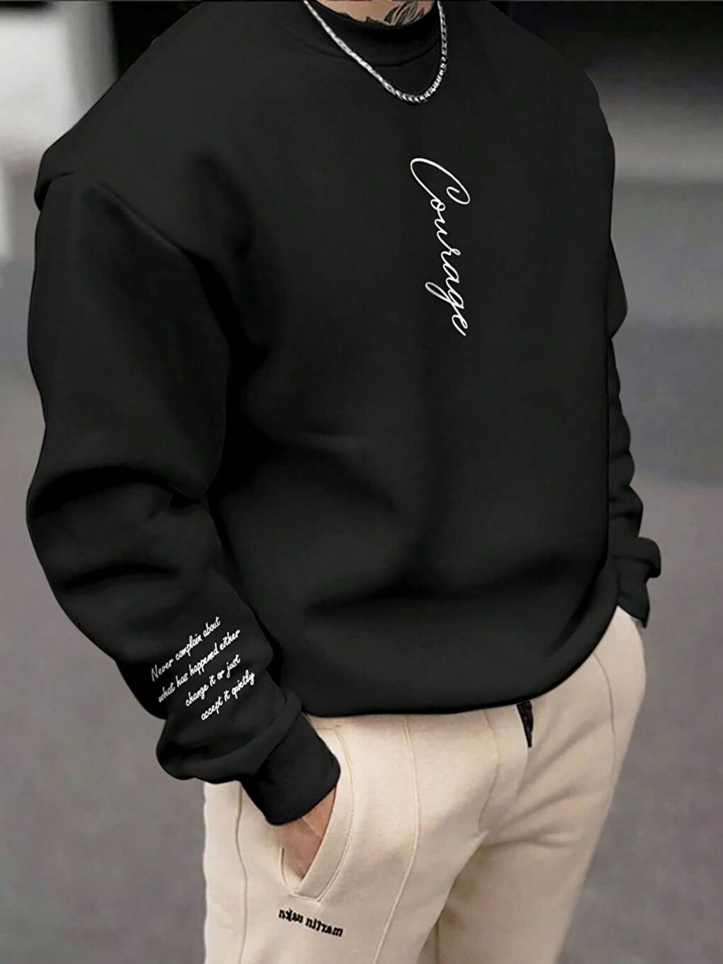 Erkek Siyah Kolu Baskılı Baskılı Oversize Uzun Kollu Sweatshirt