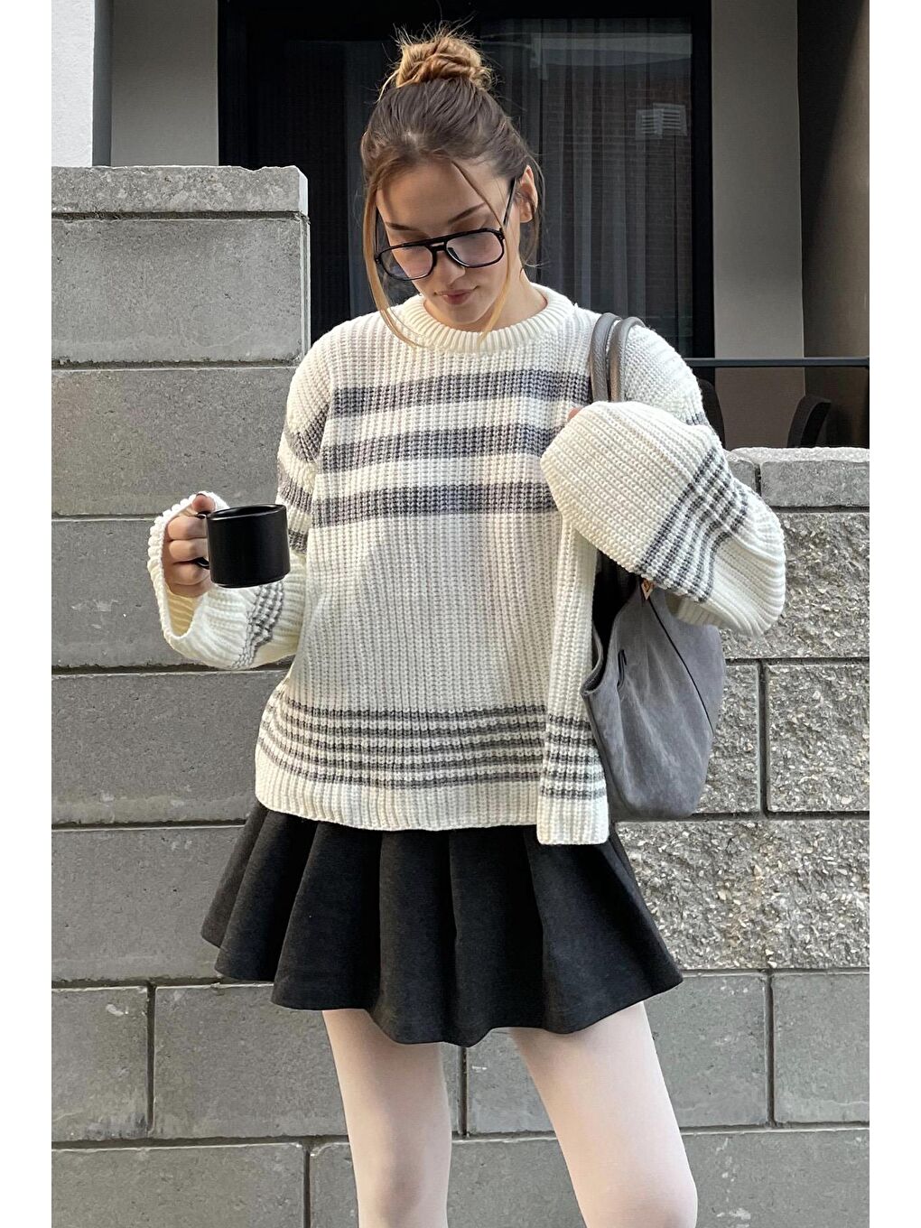 Beyaz Kemik Rengi Çizgili Triko Kazak Mg1585-2