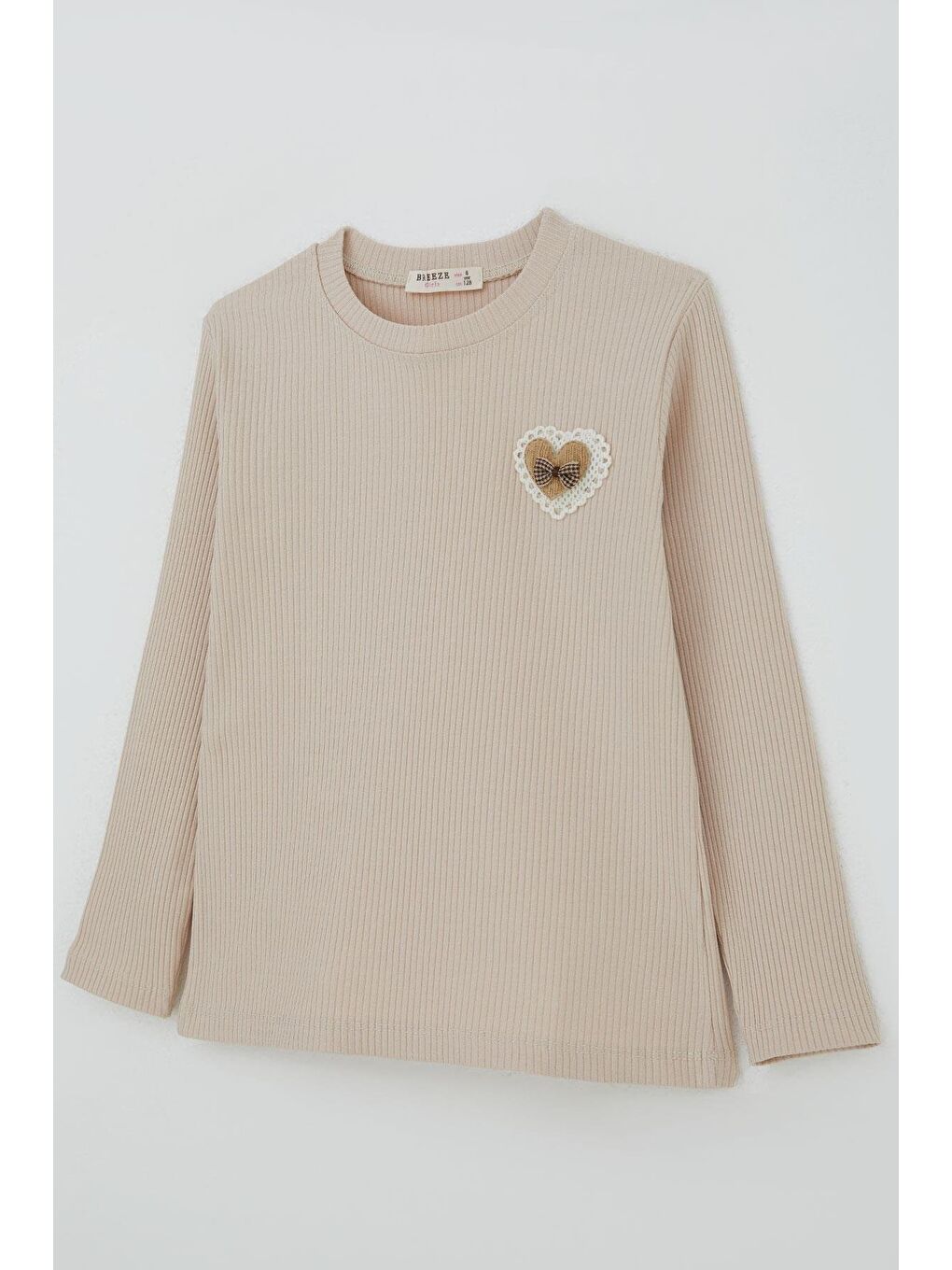 Kız Çocuk Uzun Kollu Tişört Kalp Armalı Fiyonklu Bej (5-10 Yaş)-4