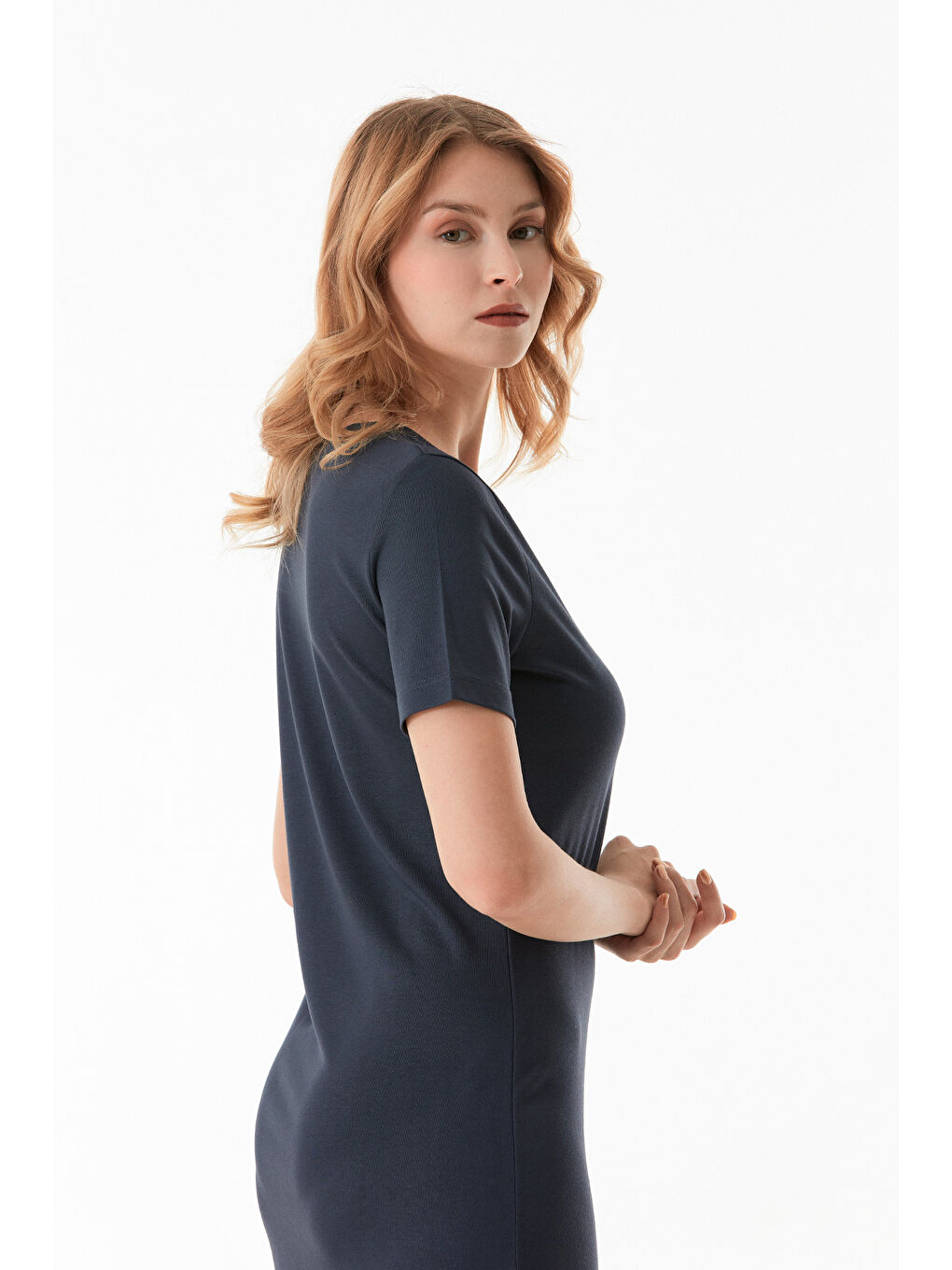 Antrasit Basic Bisiklet Yaka Yırtmaçlı Elbise-3