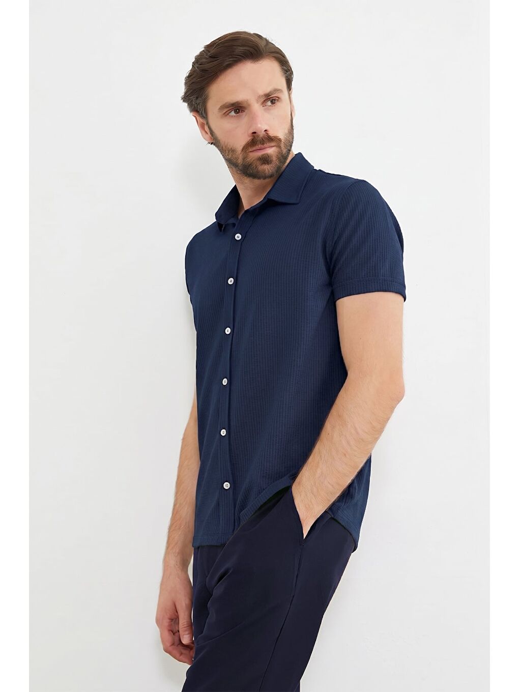 Petrol Fitilli Kolu Katlı Slim Fit Gömlek