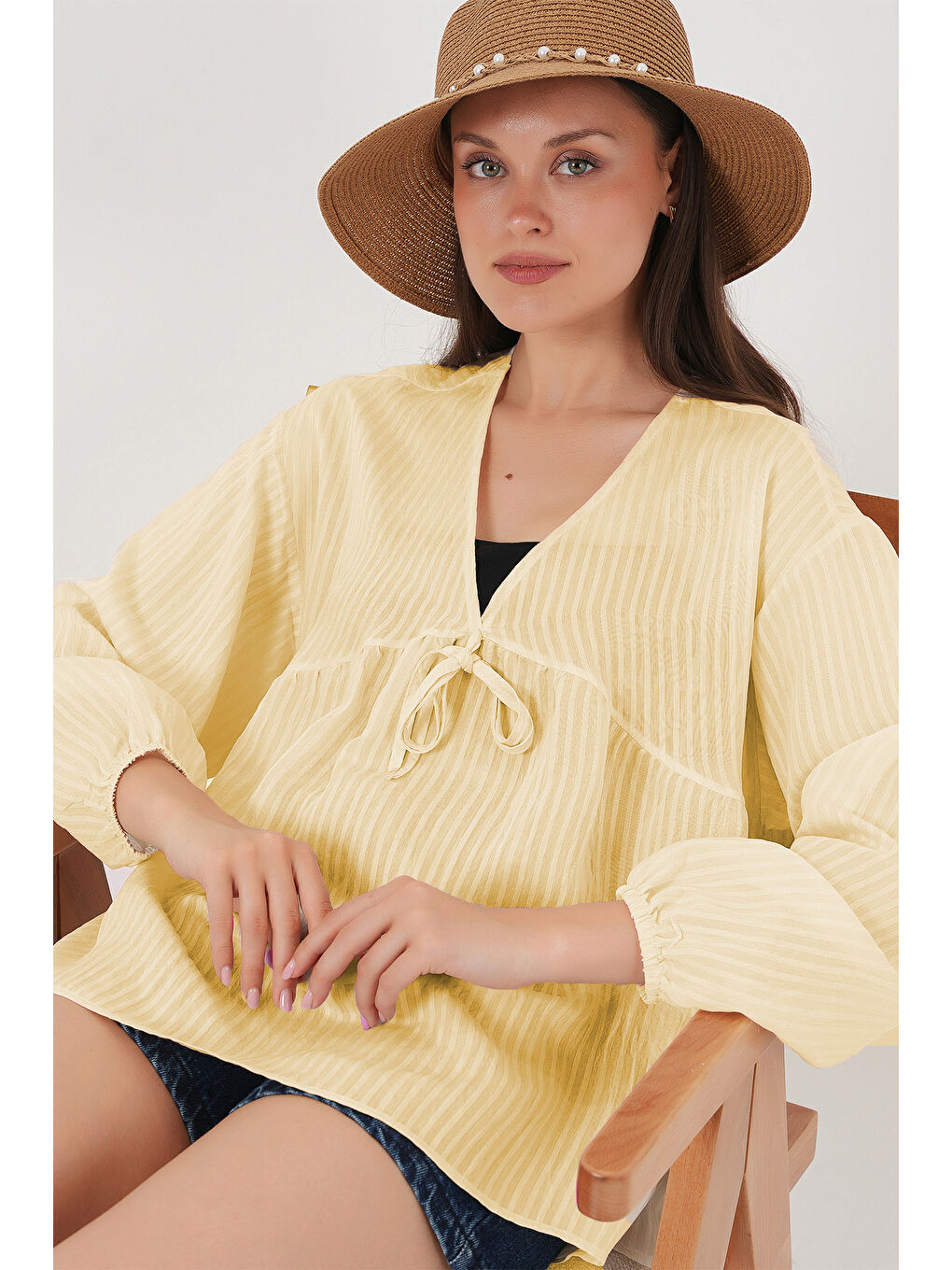 Kadın Önü Bağcıklı Uzun Kol Bluz 946 - Sarı-1