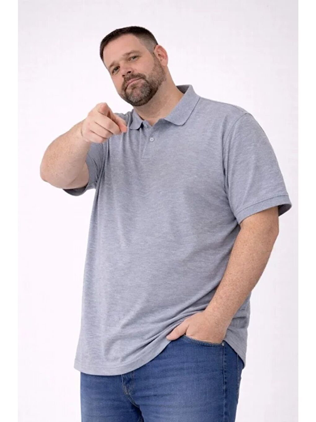 Erkek Pike Kumaş Düğmeli Yaka Battal Büyük Beden Günlük Kısa Kol Tişört T-shirt - Gri-3