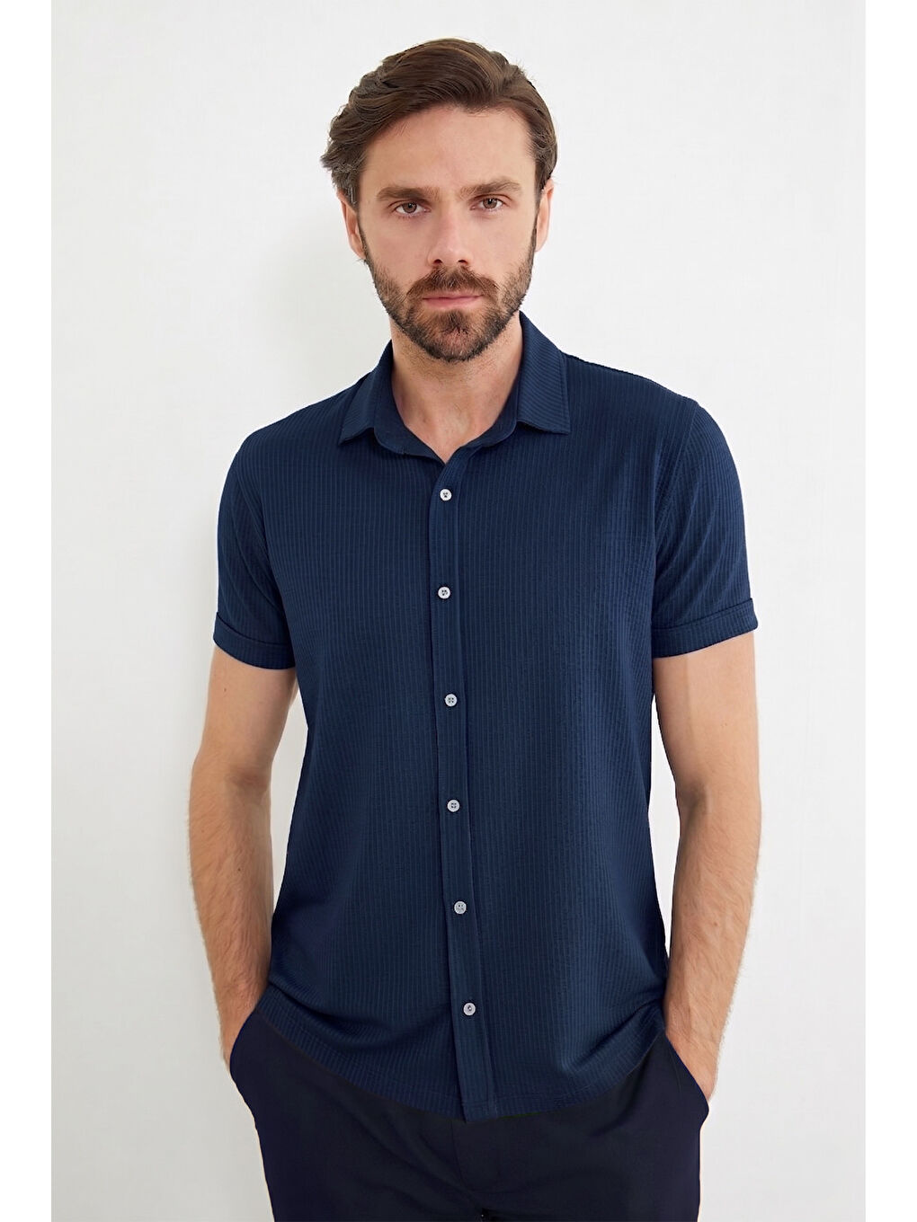 Petrol Fitilli Kolu Katlı Slim Fit Gömlek-1