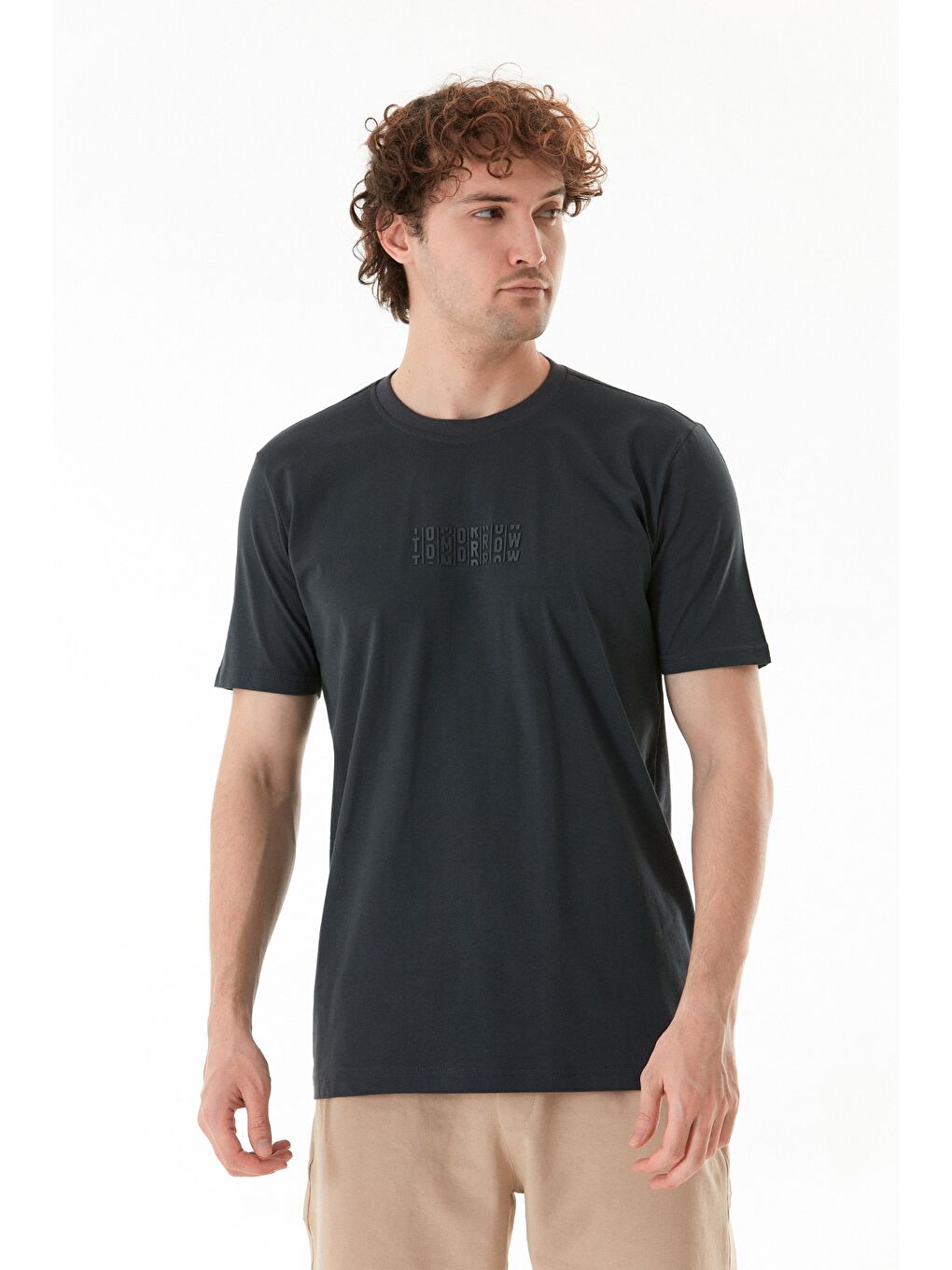 Antrasit Tomorrow Baskılı Bisiklet Yaka Tişört-1