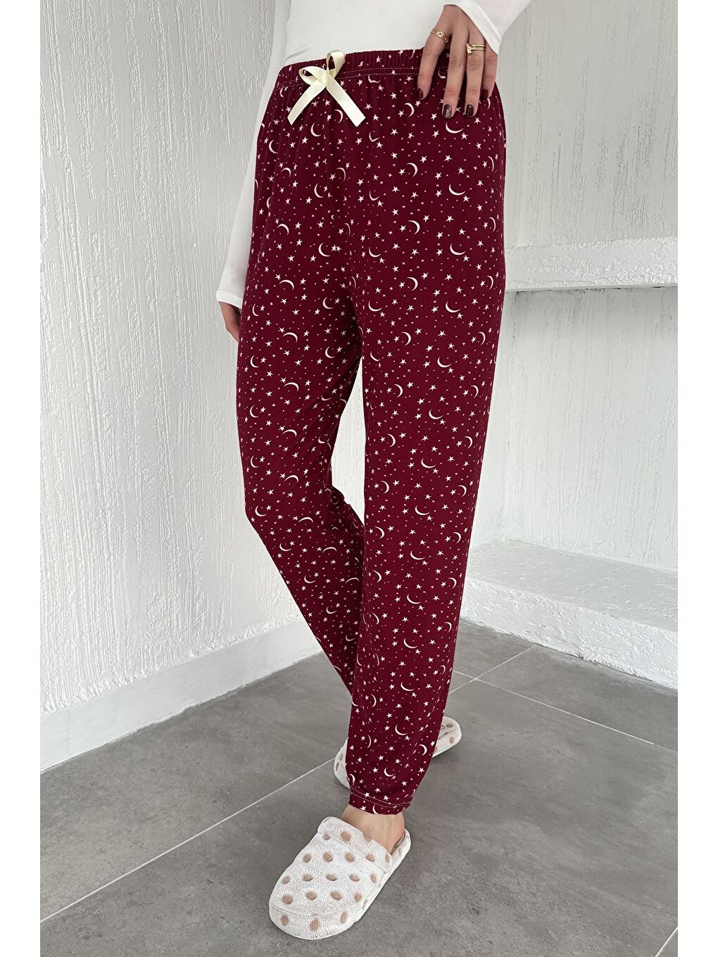 Bordo Desenli Bel Lastikli Pijama Altı