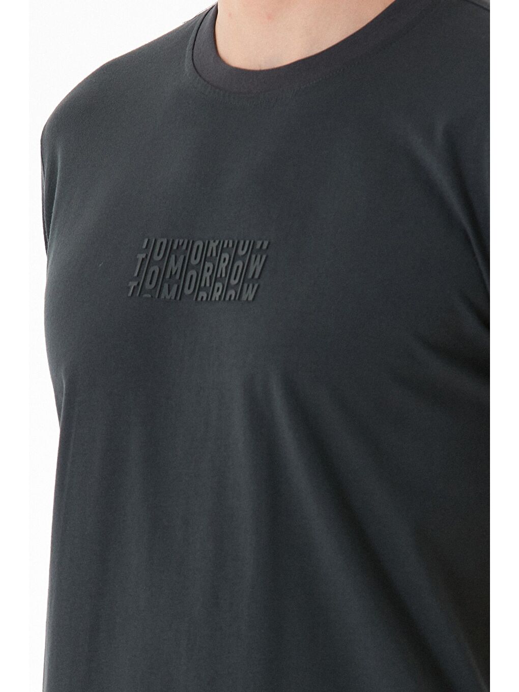 Antrasit Tomorrow Baskılı Bisiklet Yaka Tişört-4