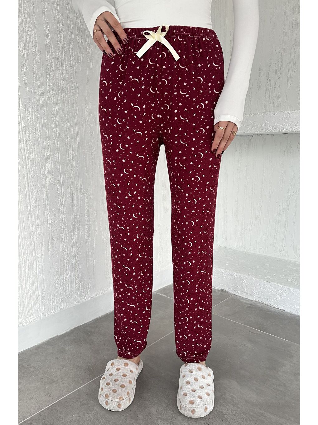 Bordo Desenli Bel Lastikli Pijama Altı-1