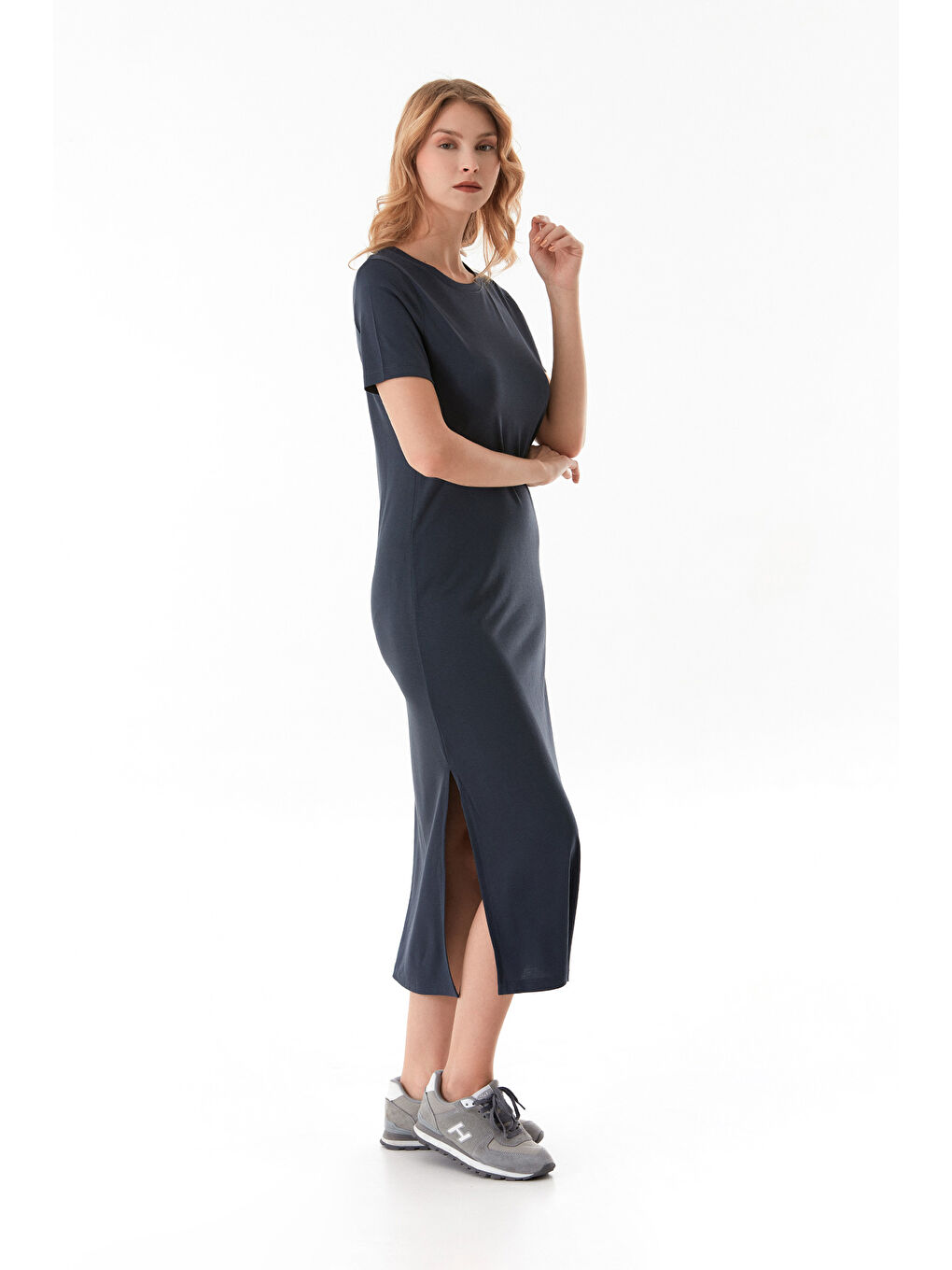 Antrasit Basic Bisiklet Yaka Yırtmaçlı Elbise-4