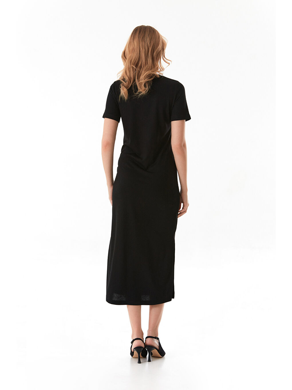 Siyah Basic Bisiklet Yaka Yırtmaçlı Elbise-2