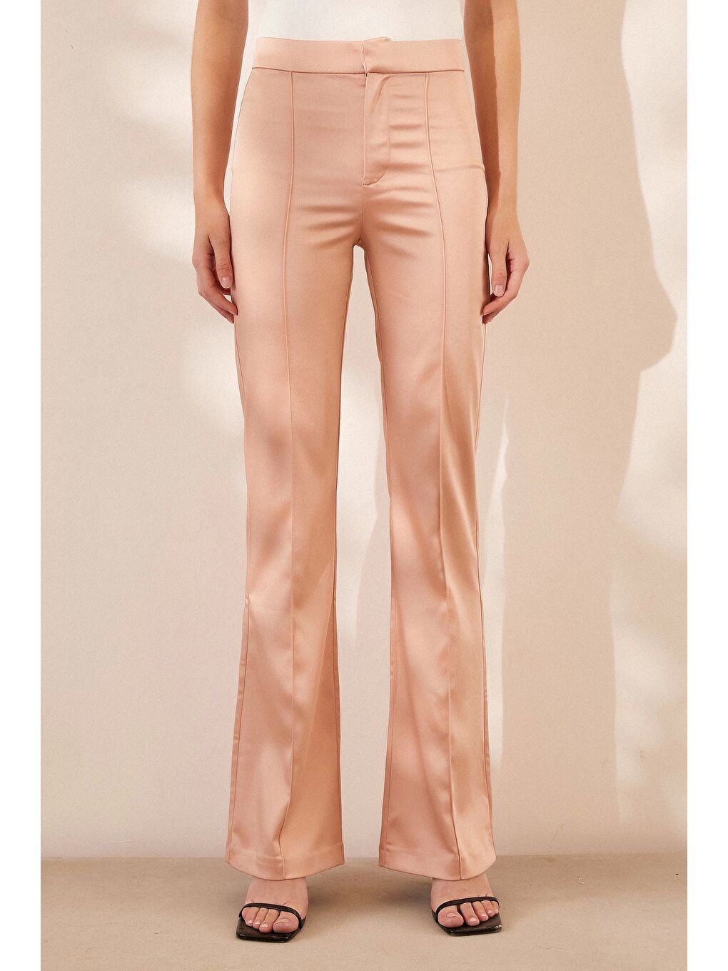 Pembe Asimetrik Yüksek Bel Pantolon Pudra-2