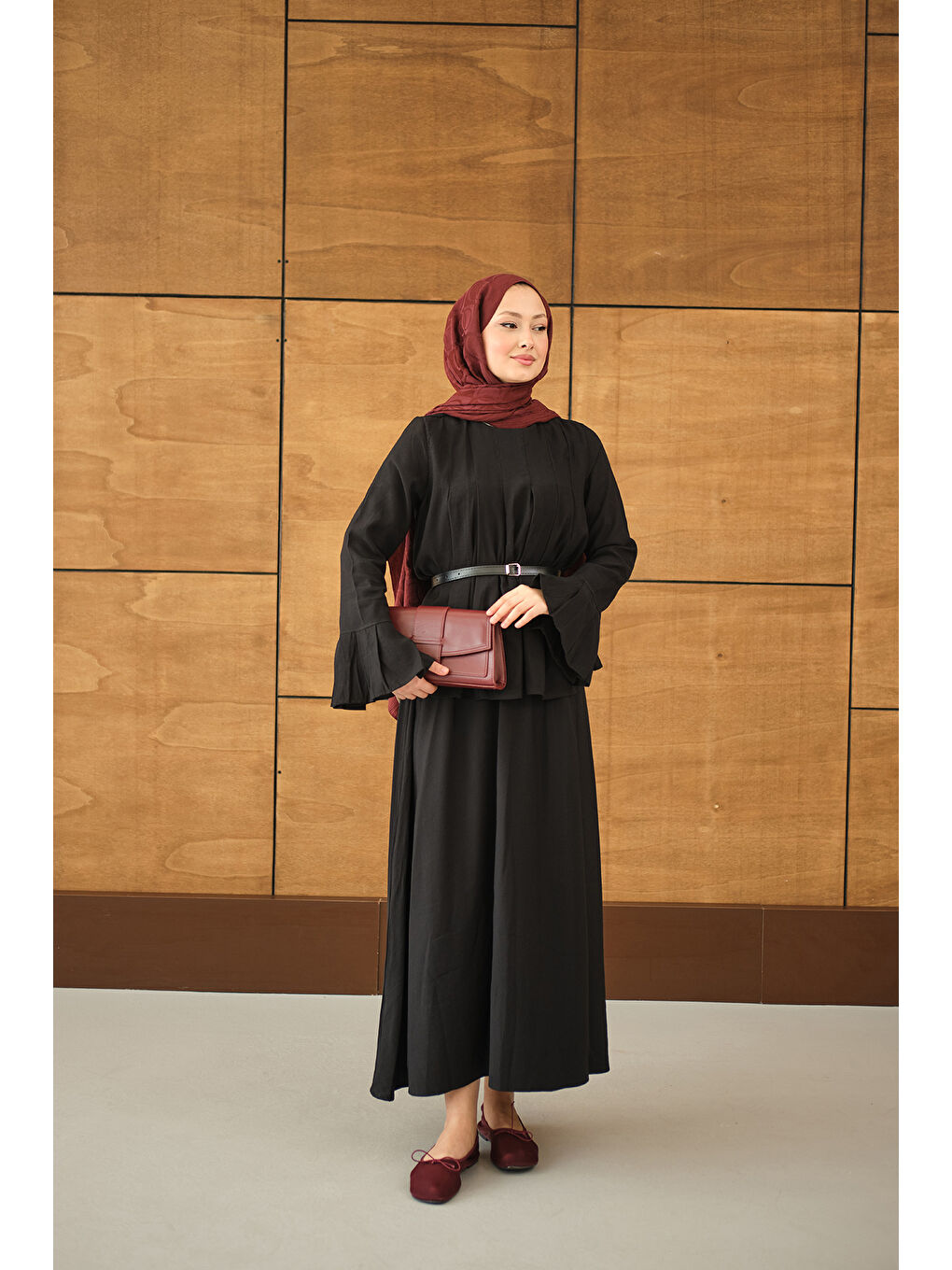 Kadın Pileli Kemer Bağlamalı Etekli Takım Siyah-4