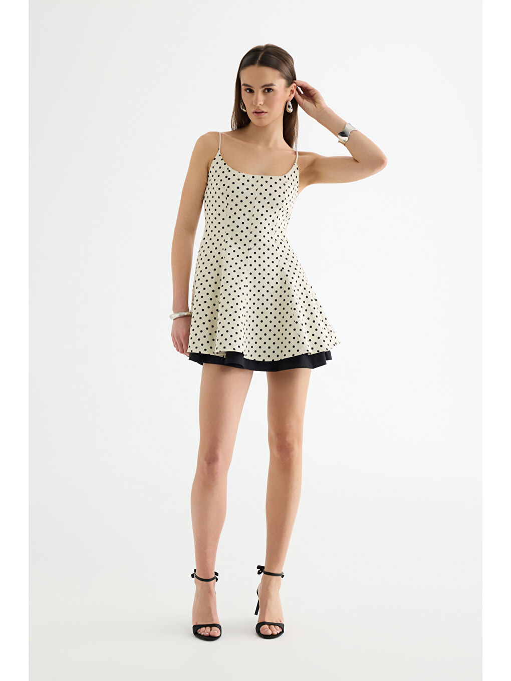 Ekru Puantiyeli Askılı Mini Elbise Krem-2