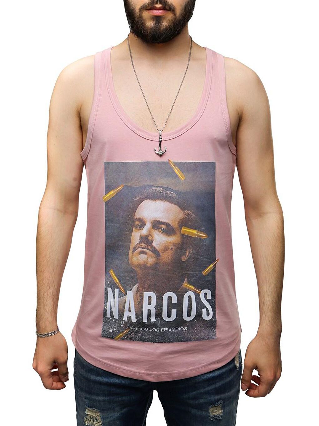 Pembe Erkek Baskılı Kolsuz Tişört