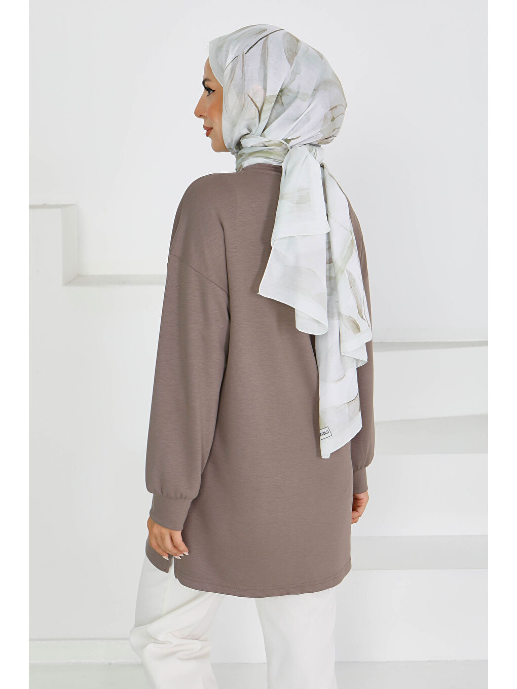 Bej Önü Baskılı Biyeli İki İplik Sweatshirt Vizon - 27609-3