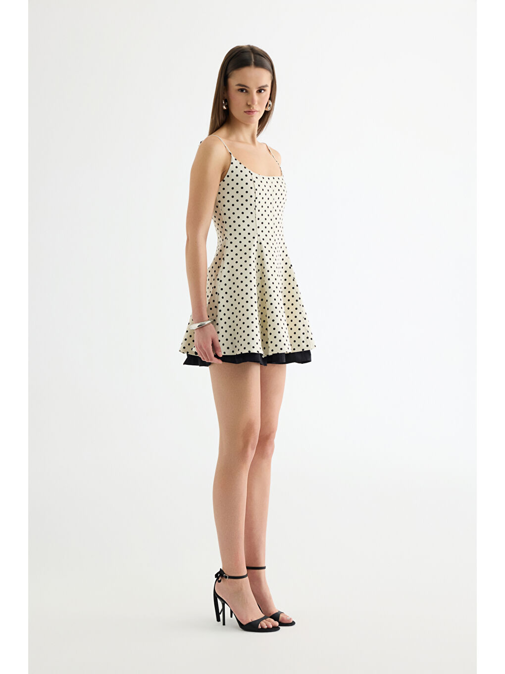 Ekru Puantiyeli Askılı Mini Elbise Krem-3