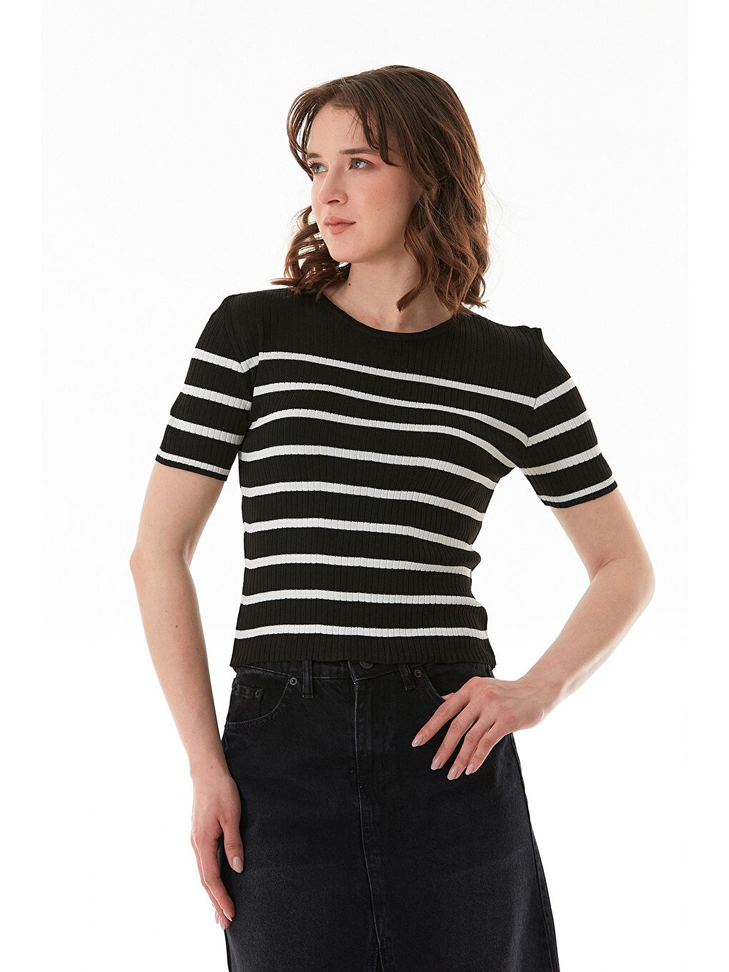 Siyah Çizgili Fitilli Bisiklet Yaka Triko Bluz-1