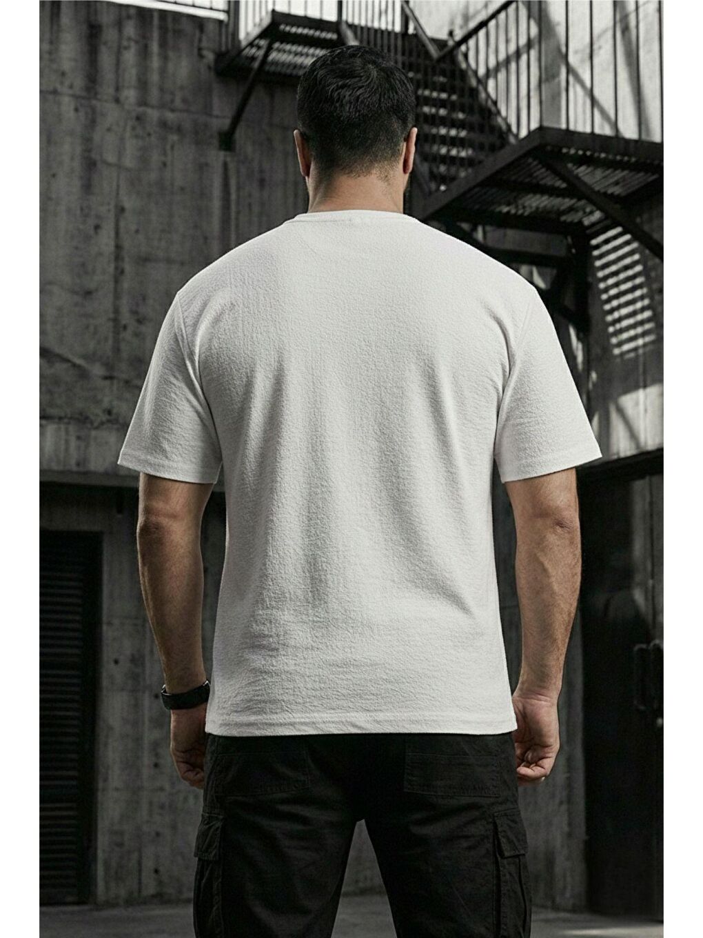 Beyaz Kabuk Desen Elastanlı Erkek Büyük Beden Gofre (Kabartma) Dokulu T-Shirt-2