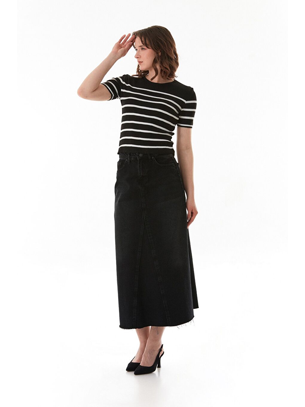 Siyah Çizgili Fitilli Bisiklet Yaka Triko Bluz-3