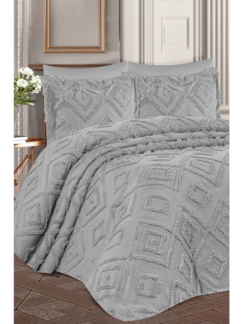 Hürrem Sakallı 3 Parça Çift Kişilik Pike Takımı Gri