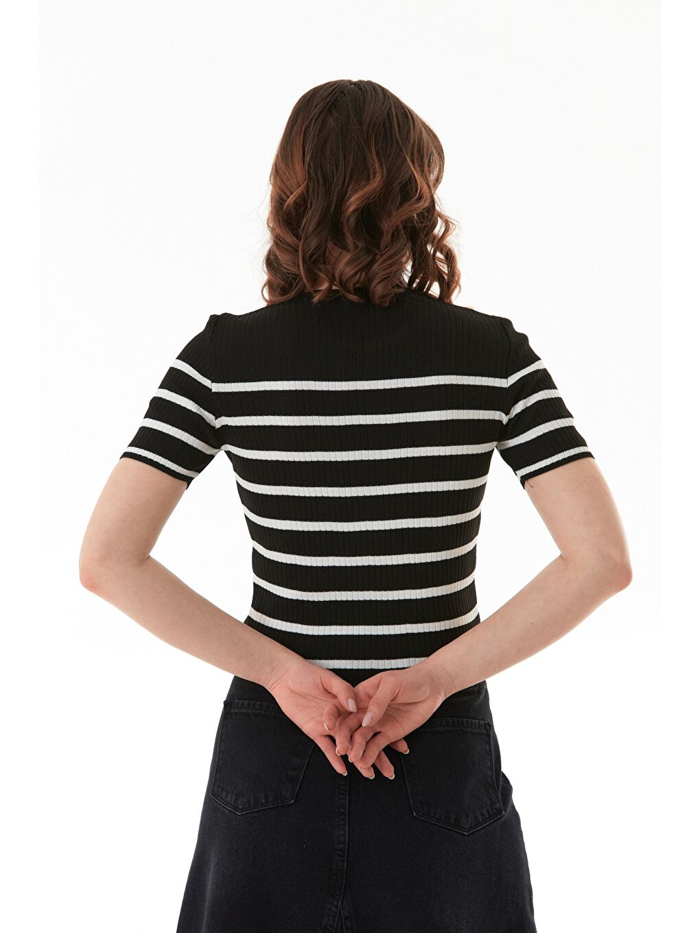 Siyah Çizgili Fitilli Bisiklet Yaka Triko Bluz-4