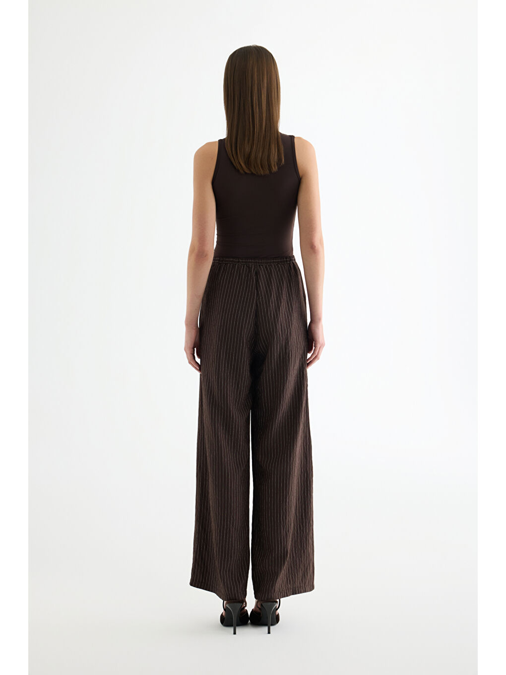 Çizgili Bağcıklı Bol Paça Pantolon Kahverengi-4