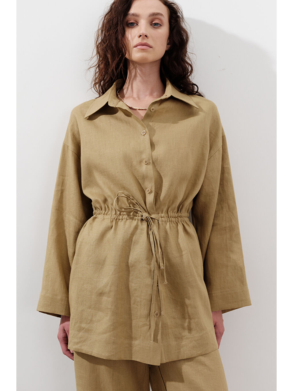 Karışık Keten Beli Bağlamalı Tunik Köri-1
