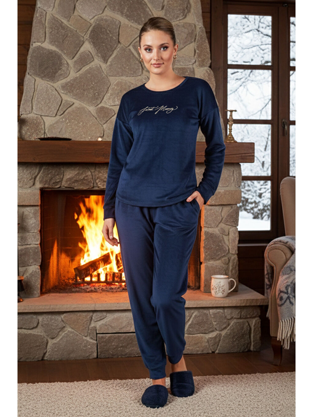 Kadın Kadife Baskılı Pijama Takımı 25381 Lacivert