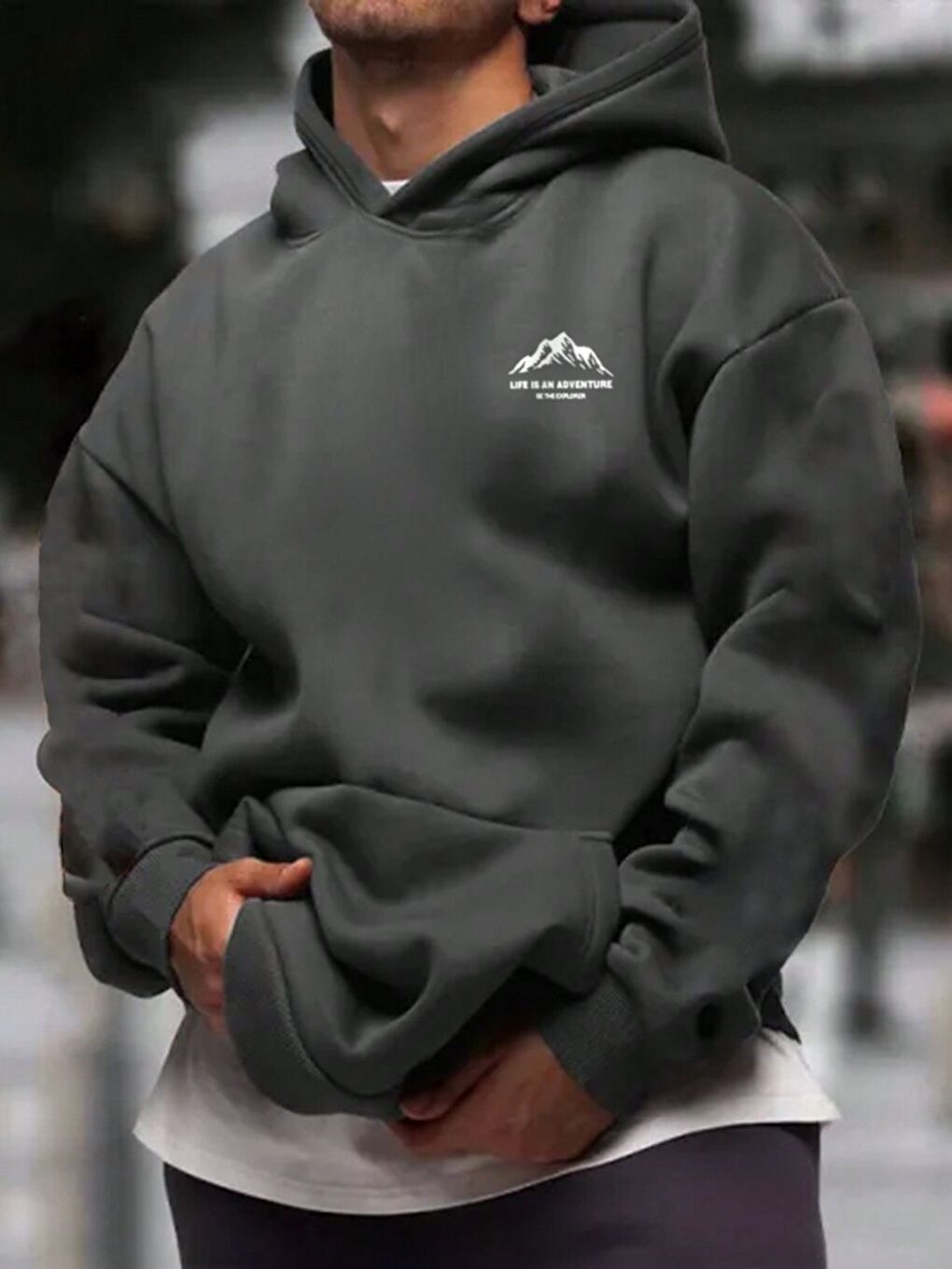 Gri Füme Life is an Adventure Baskılı Oversize Kapüşonlu Sweatshirt Uzun Kollu Hoodie