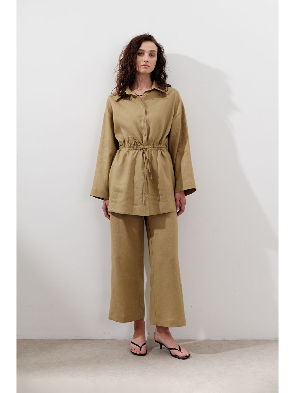 Karışık Keten Beli Bağlamalı Tunik Köri-2