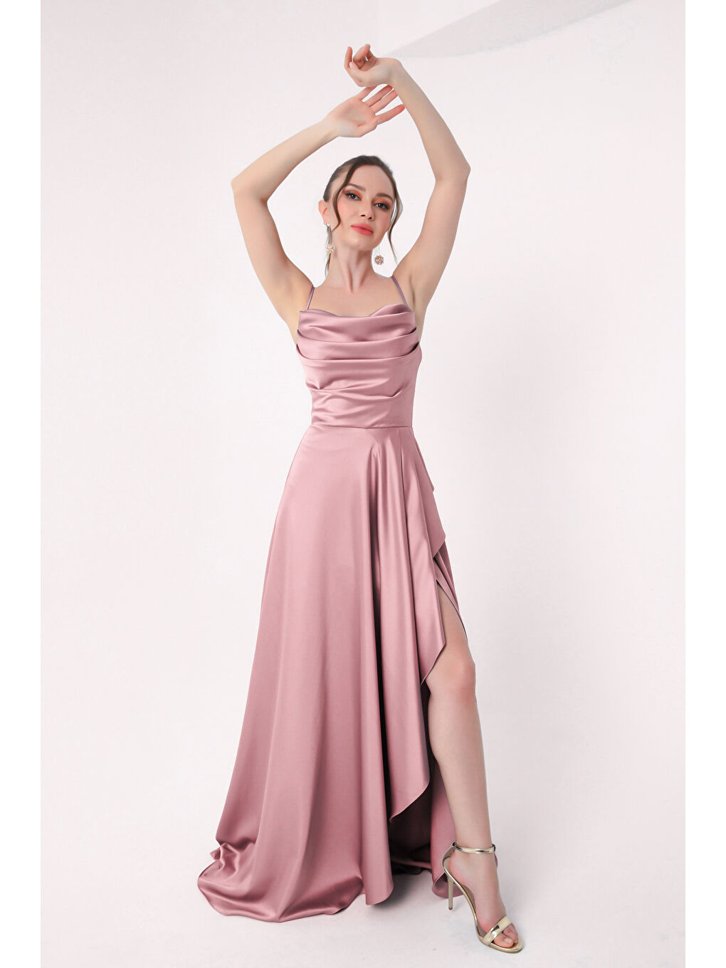 Pembe Kadın Pudra Volanlı Yırtmaçlı Saten Abiye & Mezuniyet Elbisesi-2