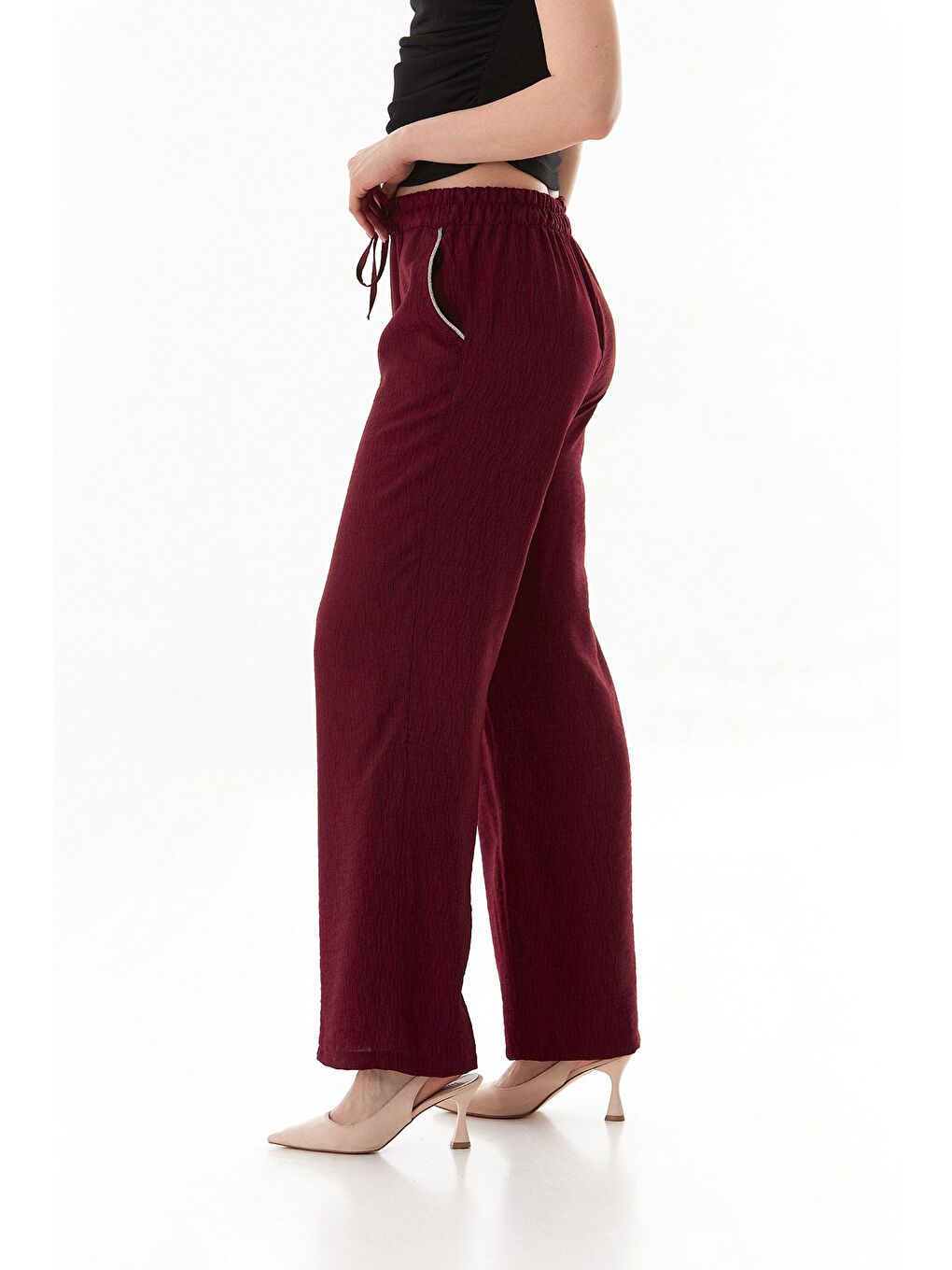 Bordo Cebi Taş Detaylı Beli Lastikli Palazzo Pantolon-1