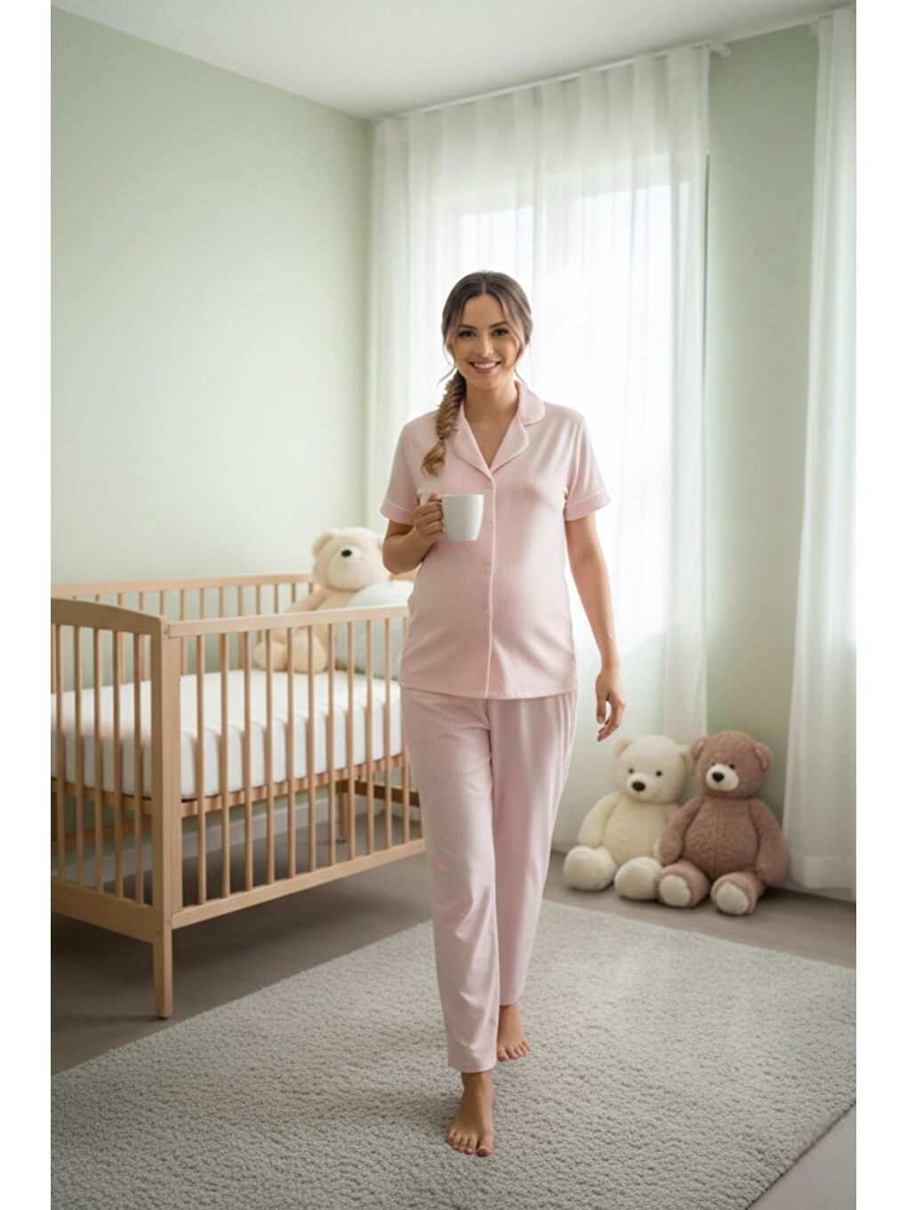 Pembe Pure Comfort Önden Düğmeli Gömlek Yaka Çizgili Kısa Kol Hamile ve Lohusa Pijama Takımı-1