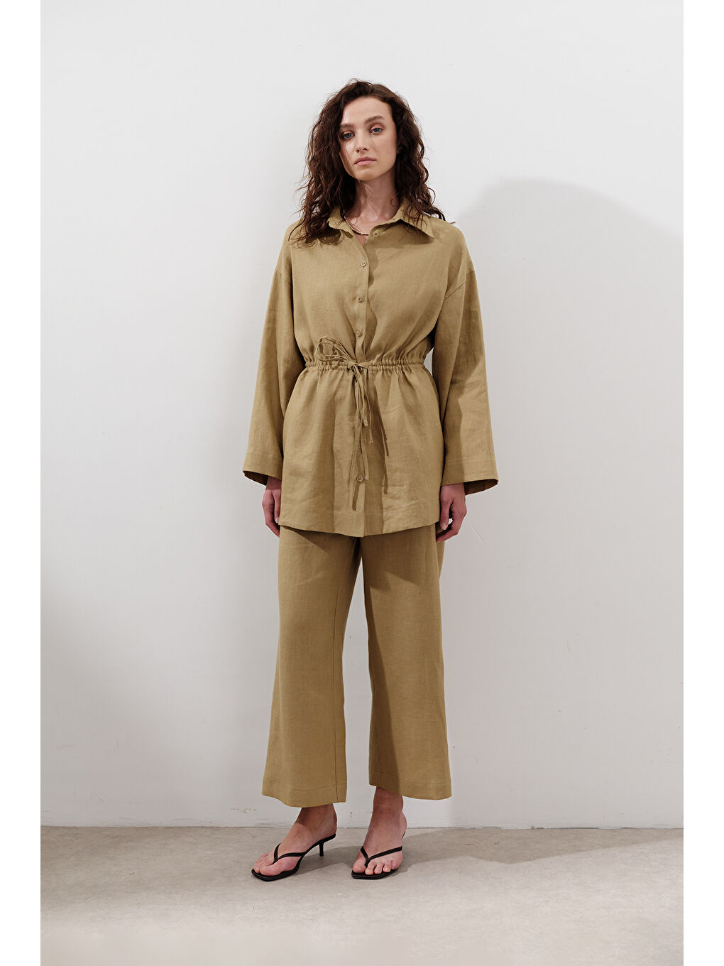 Karışık Keten Beli Bağlamalı Tunik Köri-3