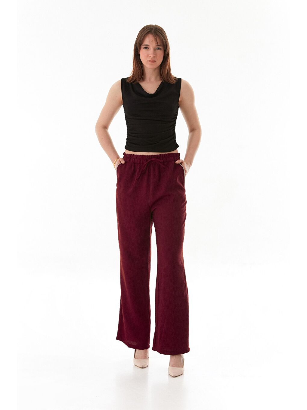 Bordo Cebi Taş Detaylı Beli Lastikli Palazzo Pantolon-2