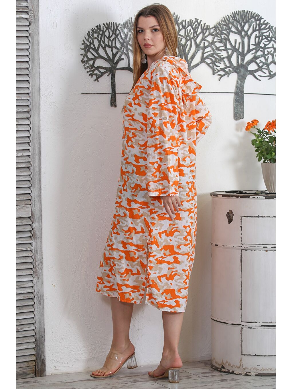 Pembe Şeftali Rengi Kapüşonlu Uzun Kol Kamuflaj Düğmeli Gizli Cepli Dokuma Casual Elbise-7