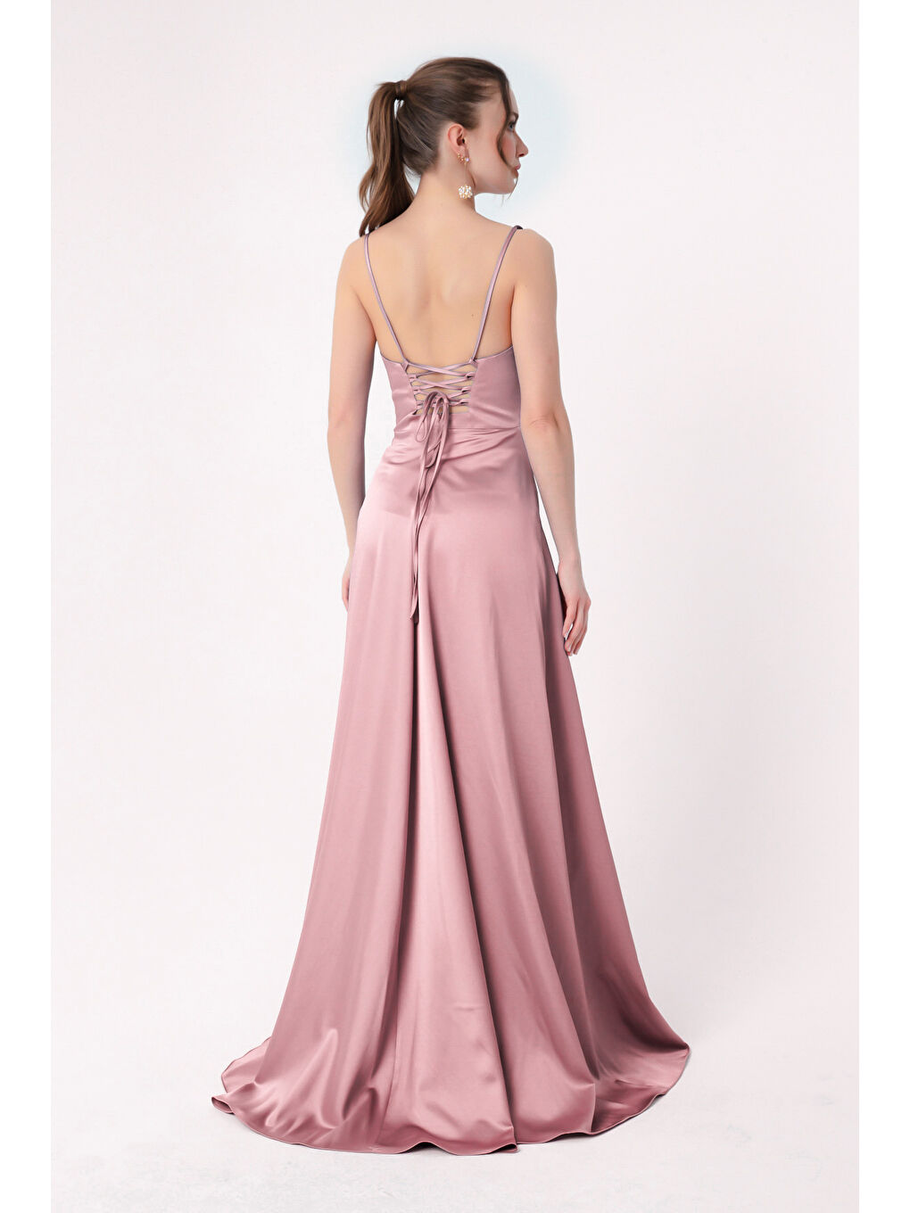 Pembe Kadın Pudra Volanlı Yırtmaçlı Saten Abiye & Mezuniyet Elbisesi-4