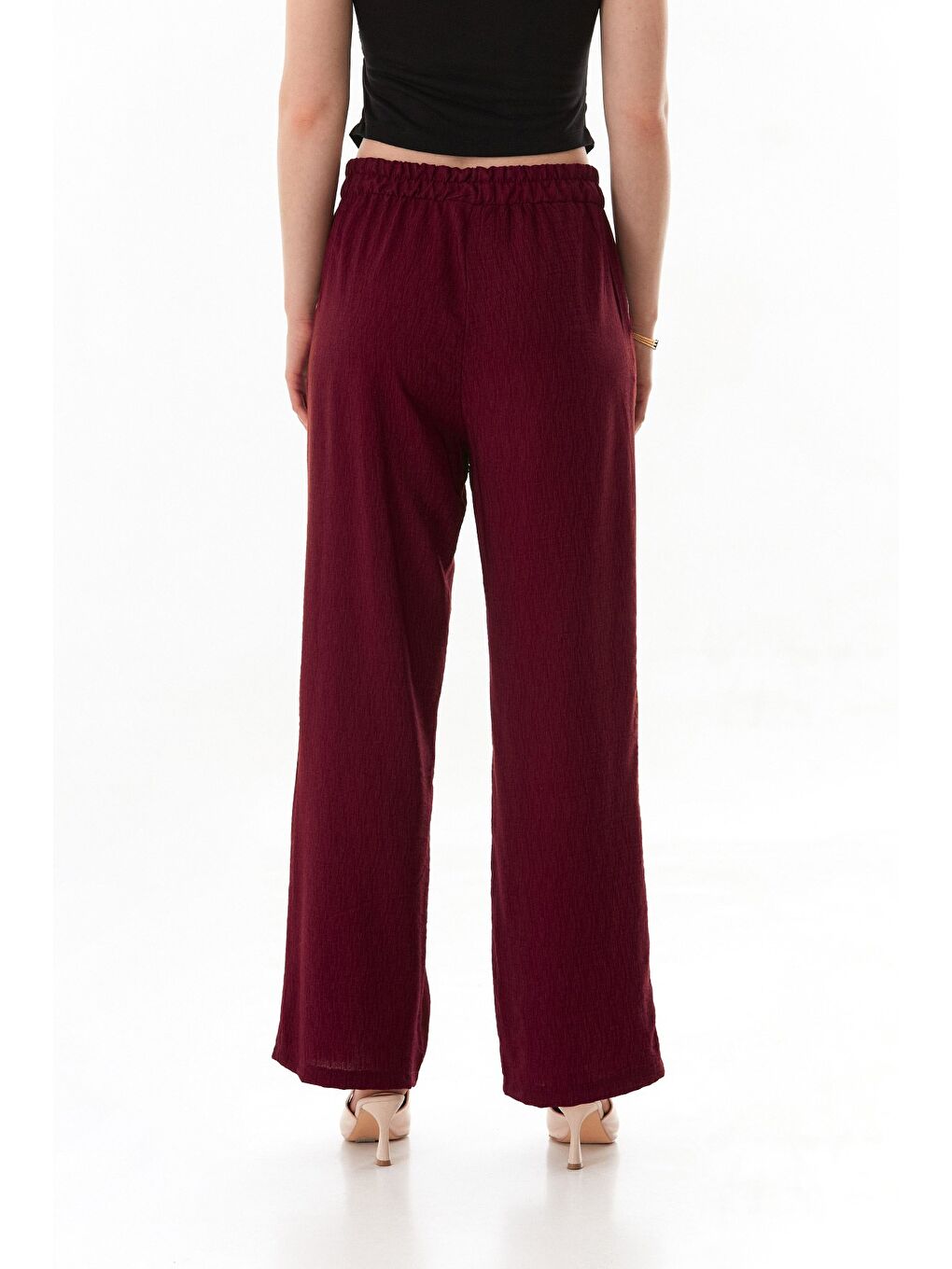Bordo Cebi Taş Detaylı Beli Lastikli Palazzo Pantolon-3