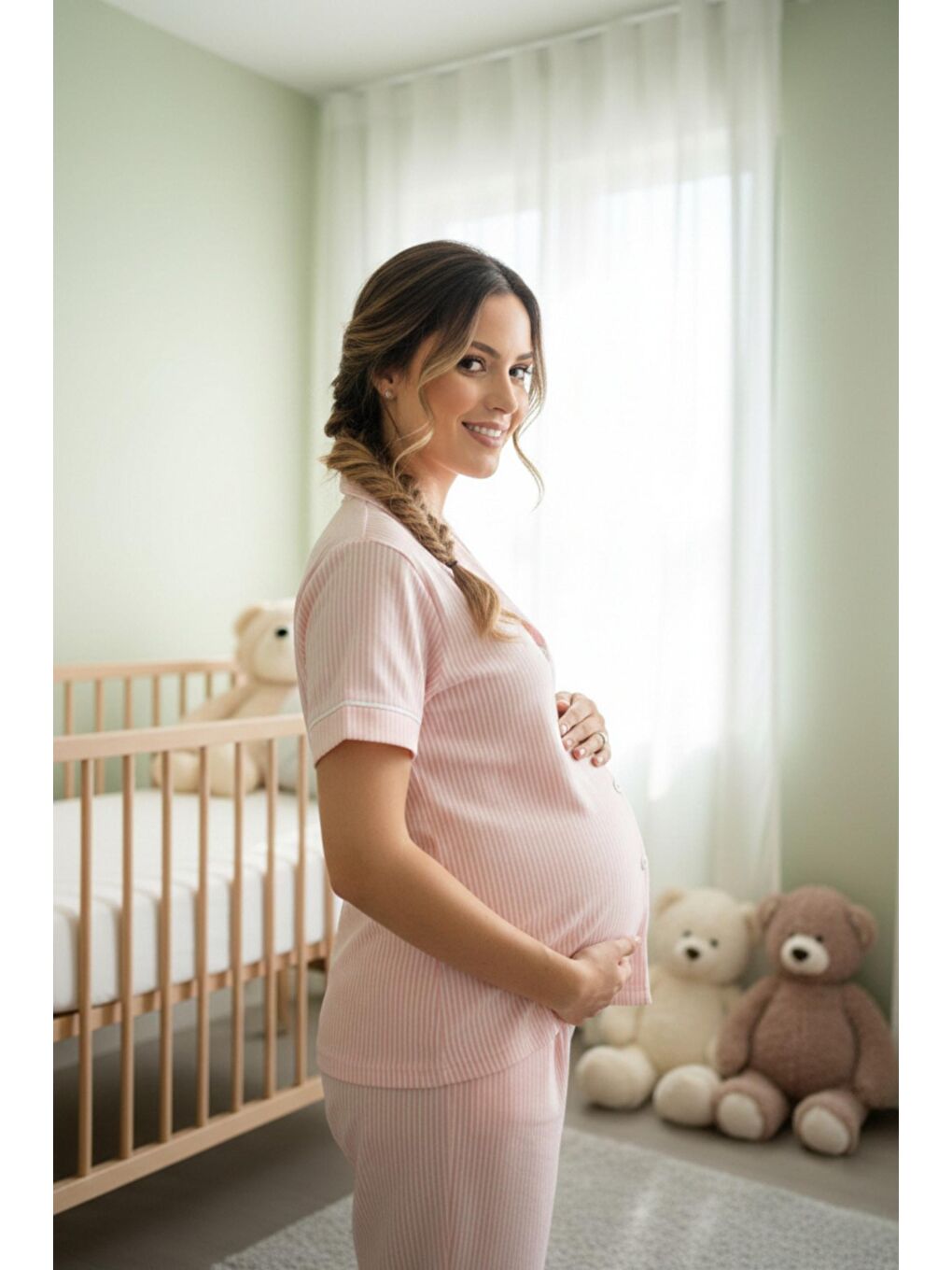 Pembe Pure Comfort Önden Düğmeli Gömlek Yaka Çizgili Kısa Kol Hamile ve Lohusa Pijama Takımı-3