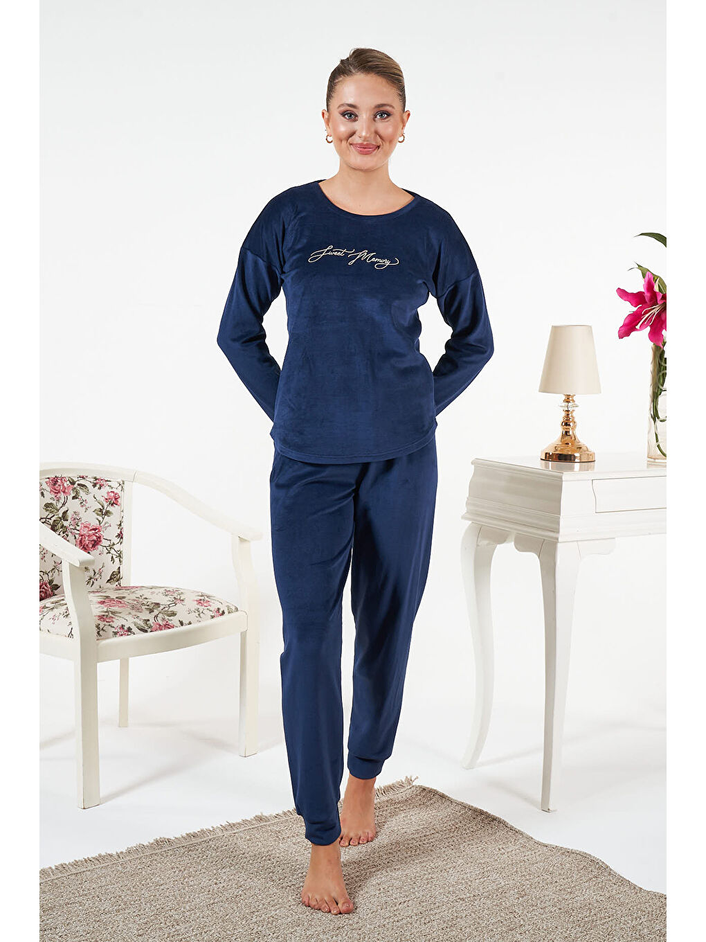 Kadın Kadife Baskılı Pijama Takımı 25381 Lacivert-1