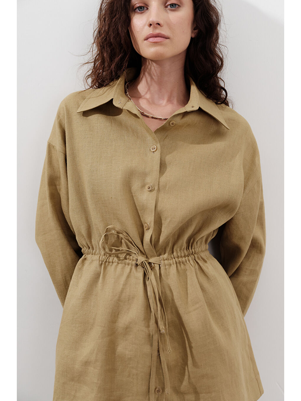 Karışık Keten Beli Bağlamalı Tunik Köri-4