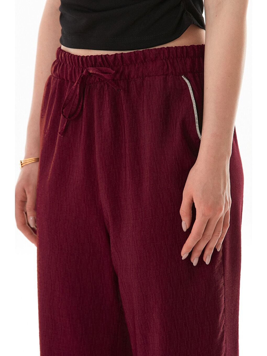 Bordo Cebi Taş Detaylı Beli Lastikli Palazzo Pantolon-4